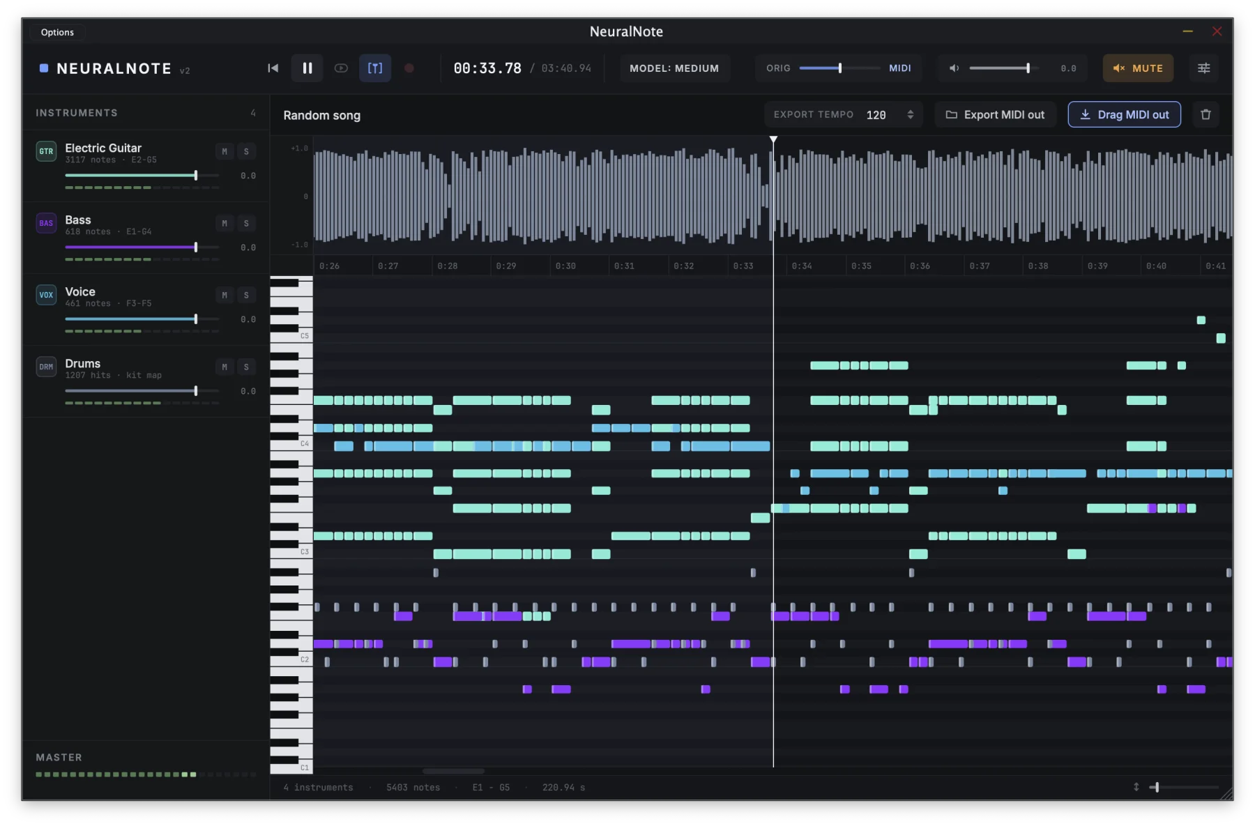 The NeuralNote window: an instrument list on the left, the waveform on top and a piano roll with colour-coded notes for guitar, bass, voice and drums.
